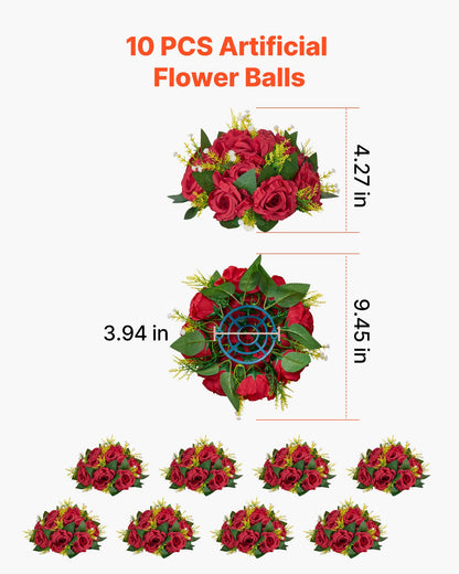 Blumenkugel-Arrangement, 10 Stück, 240 mm rote Rosen als Tischdekoration für Hochzeiten, künstliche Blumenkugeln, Deko-Blumenarrangements, Blumenstrauß für Heimpartys und Tischdekorationen