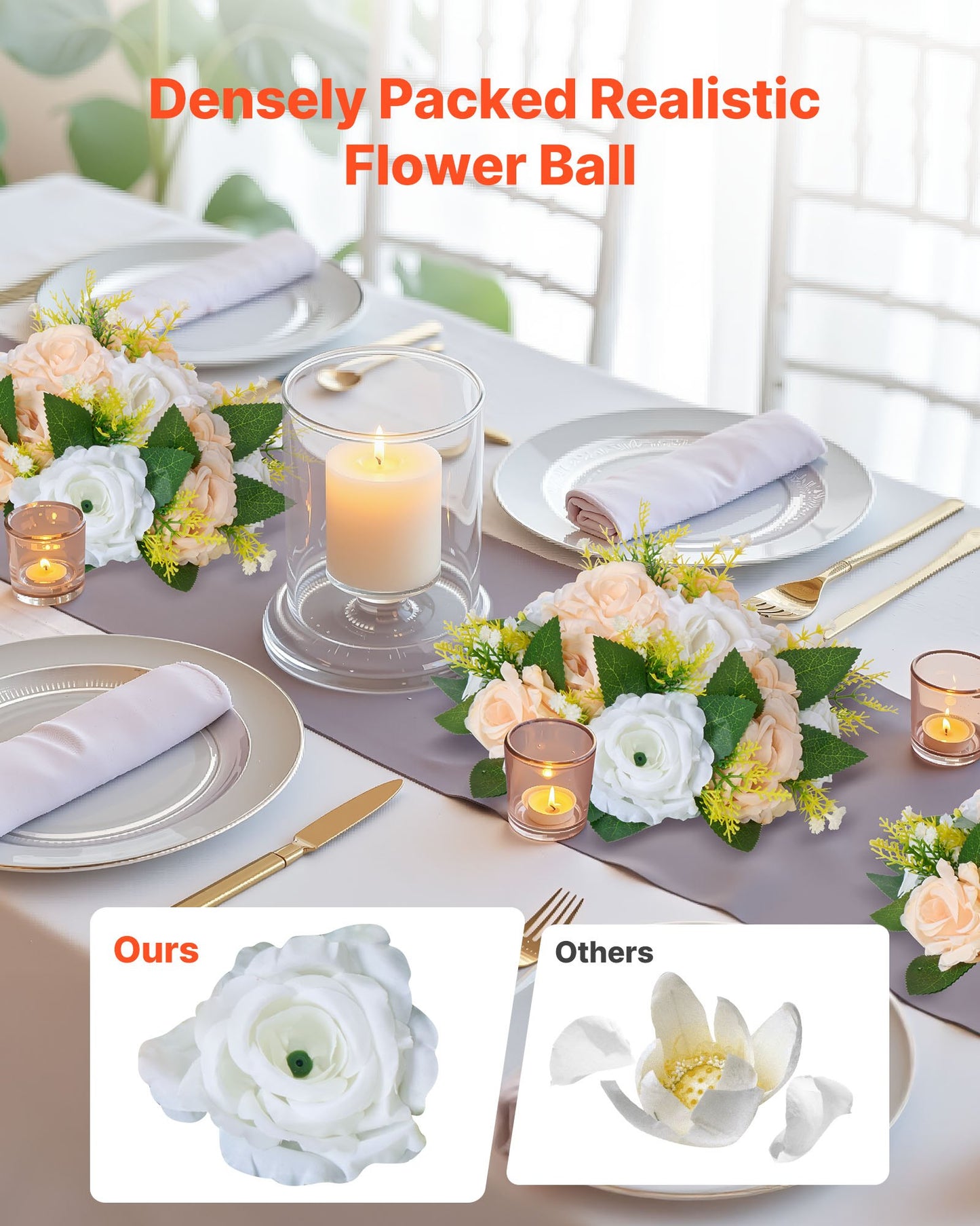Flower Ball Arrangement Bouquet 10 PCS, 240 mm Diameter Artificial Flower Balls Wedding Table Centerpieces, Rose Arrangements for Wedding Centerpiece Home Decoration, Champagne & White Roses