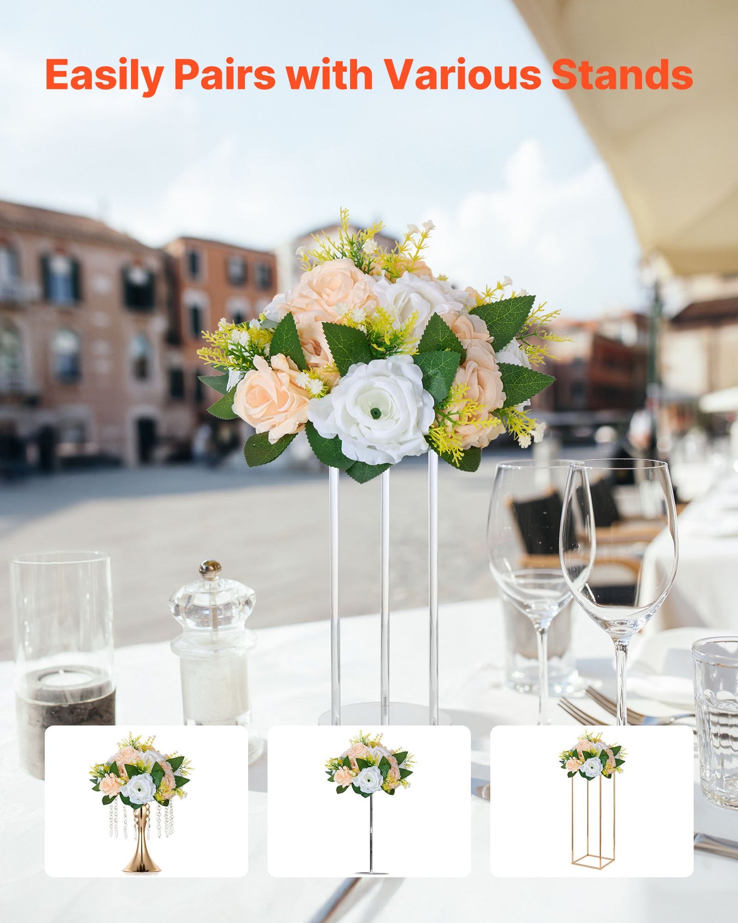 Flower Ball Arrangement Bouquet 10 PCS, 240 mm Diameter Artificial Flower Balls Wedding Table Centerpieces, Rose Arrangements for Wedding Centerpiece Home Decoration, Champagne & White Roses