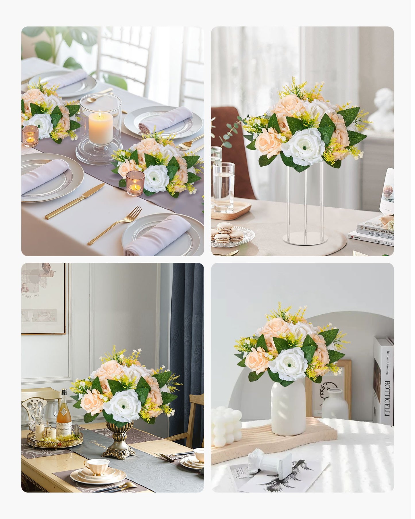 Flower Ball Arrangement Bouquet 10 PCS, 240 mm Diameter Artificial Flower Balls Wedding Table Centerpieces, Rose Arrangements for Wedding Centerpiece Home Decoration, Champagne & White Roses