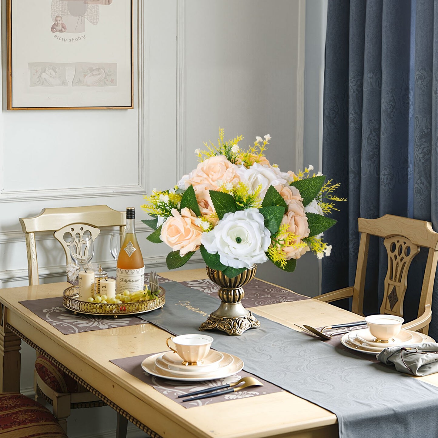 Flower Ball Arrangement Bouquet 10 PCS, 240 mm Diameter Artificial Flower Balls Wedding Table Centerpieces, Rose Arrangements for Wedding Centerpiece Home Decoration, Champagne & White Roses