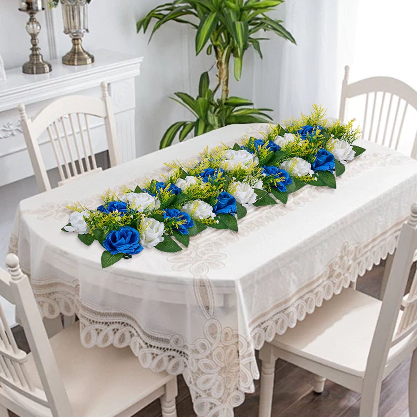 Blumenkugel-Arrangement, 10 Stück, 500 x 220 mm künstliche Blumenkugeln, Tischdekoration für Hochzeiten, künstliche Rosenarrangements für Hochzeitsdekorationen, Heimdekoration, blaue und weiße Rosen