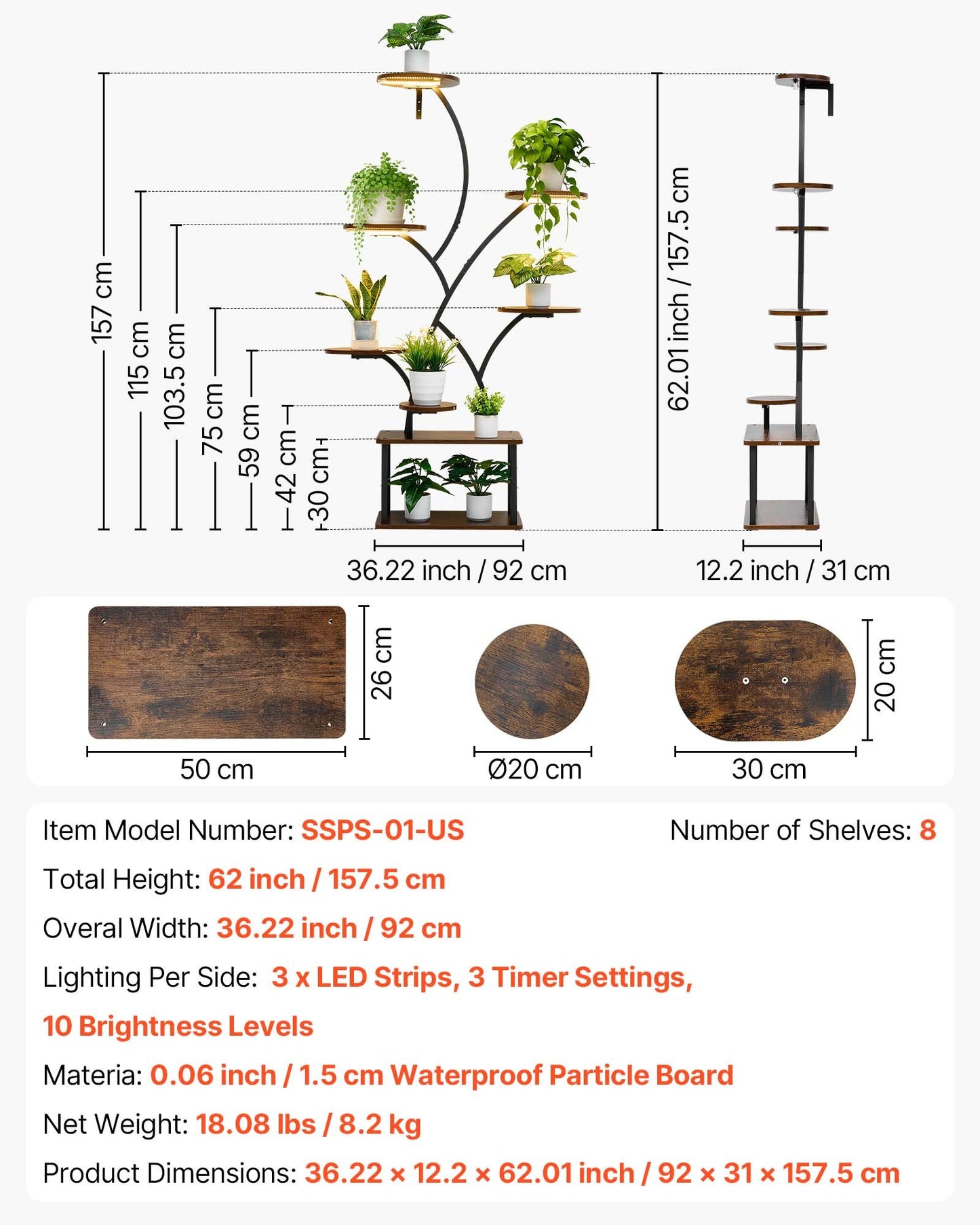 Plant Stand Indoor with Grow Lights, 157.5cm Tall 8-Tier Lighted Plant Shelf, Metal Corner Plants Holder, 3 Timer & 10 Brightness, Tree-Shaped Flower Display Rack for Living Room Balcony Decor