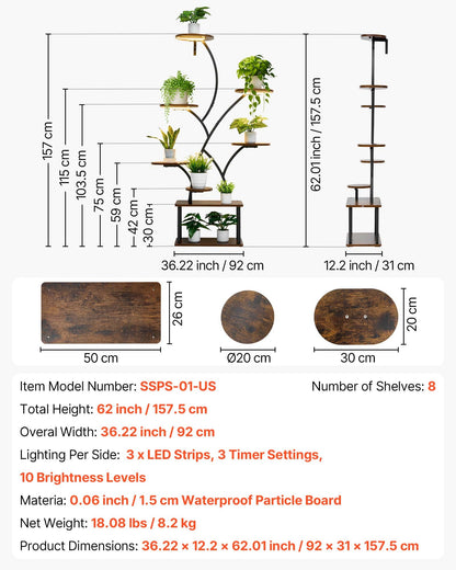 Plant Stand Indoor with Grow Lights, 157.5cm Tall 8-Tier Lighted Plant Shelf, Metal Corner Plants Holder, 3 Timer & 10 Brightness, Tree-Shaped Flower Display Rack for Living Room Balcony Decor