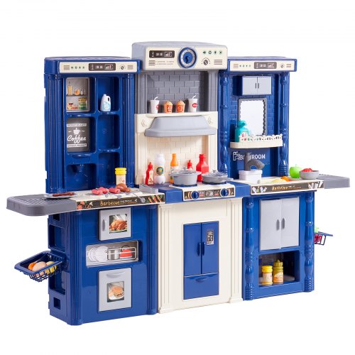 Kids Kitchen Playset, 3-in-1 Toddler Kitchen with Simulated Spray, Sounds and Lights, Play Kitchen Set with 74 PCS Cooking Accessory Set for Toddlers, Preschoolers, Children Ages 3-8, Blue