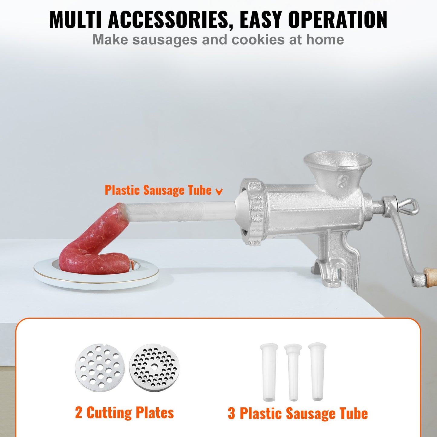 Manual Meat Grinder, Heavy Duty Cast Iron Hand Meat Grinder with Steel Table Clamp, Meat Mincer Sausage Maker with 1 Cutting Blade, 2 Cutting Plates, 3 Sausage Tubes for Beef Pepper Mushroom