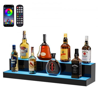 LED Lighted Liquor Bottle Display, 2 Tiers 30 Inch Commercial Illuminated Home Bar Shelf, 2 Steps Whiskey Rack Stand, Acrylic Drink Shelves with RF Remote & App Control, and Multicolor lighting