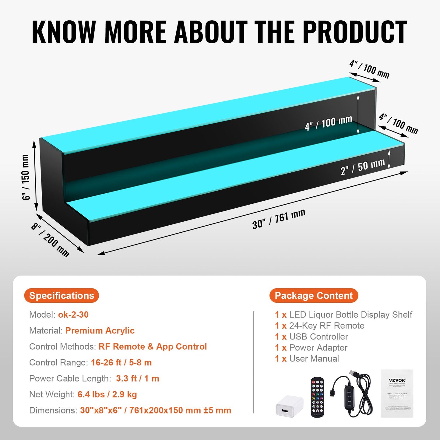 LED Lighted Liquor Bottle Display, 2 Tiers 30 Inch Commercial Illuminated Home Bar Shelf, 2 Steps Whiskey Rack Stand, Acrylic Drink Shelves with RF Remote & App Control, and Multicolor lighting