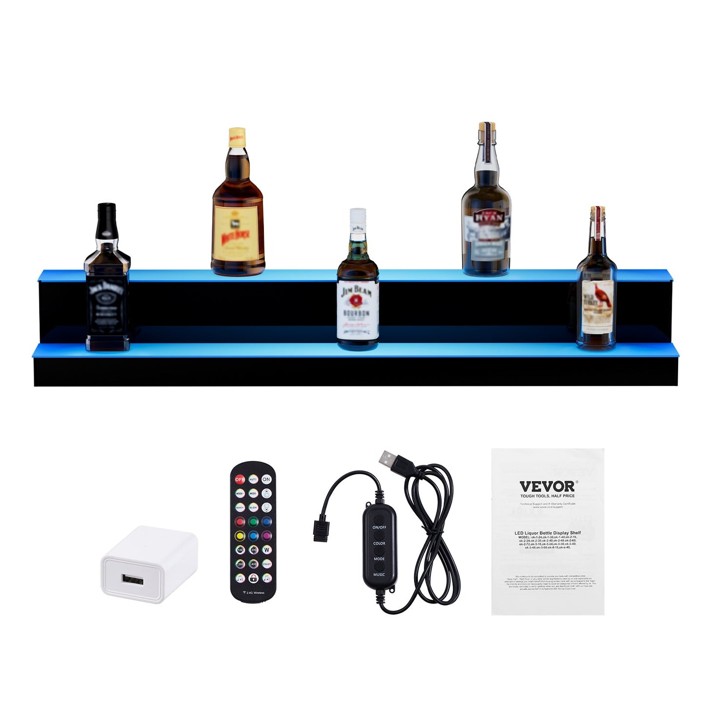 LED Lighted Liquor Bottle Display, 2 Tiers 40 Inch Commercial Illuminated Home Bar Shelf, 2 Steps Whiskey Rack Stand, Acrylic Drink Shelves with RF Remote & App Control, and Multicolor lighting