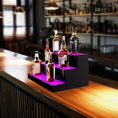 LED Lighted Liquor Bottle Display, 3 Tiers 24 Inch Commercial Illuminated Home Bar Shelf, 3 Steps Whiskey Rack Stand, Acrylic Drink Shelves with RF Remote & App Control, and Multicolor lighting