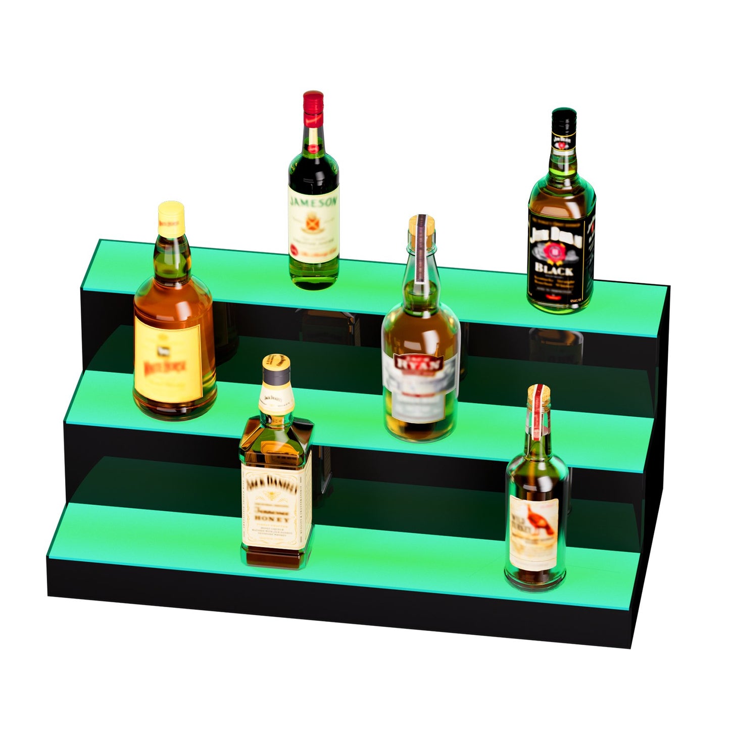 LED Lighted Liquor Bottle Display, 3 Tiers 24 Inch Commercial Illuminated Home Bar Shelf, 3 Steps Whiskey Rack Stand, Acrylic Drink Shelves with RF Remote & App Control, and Multicolor lighting