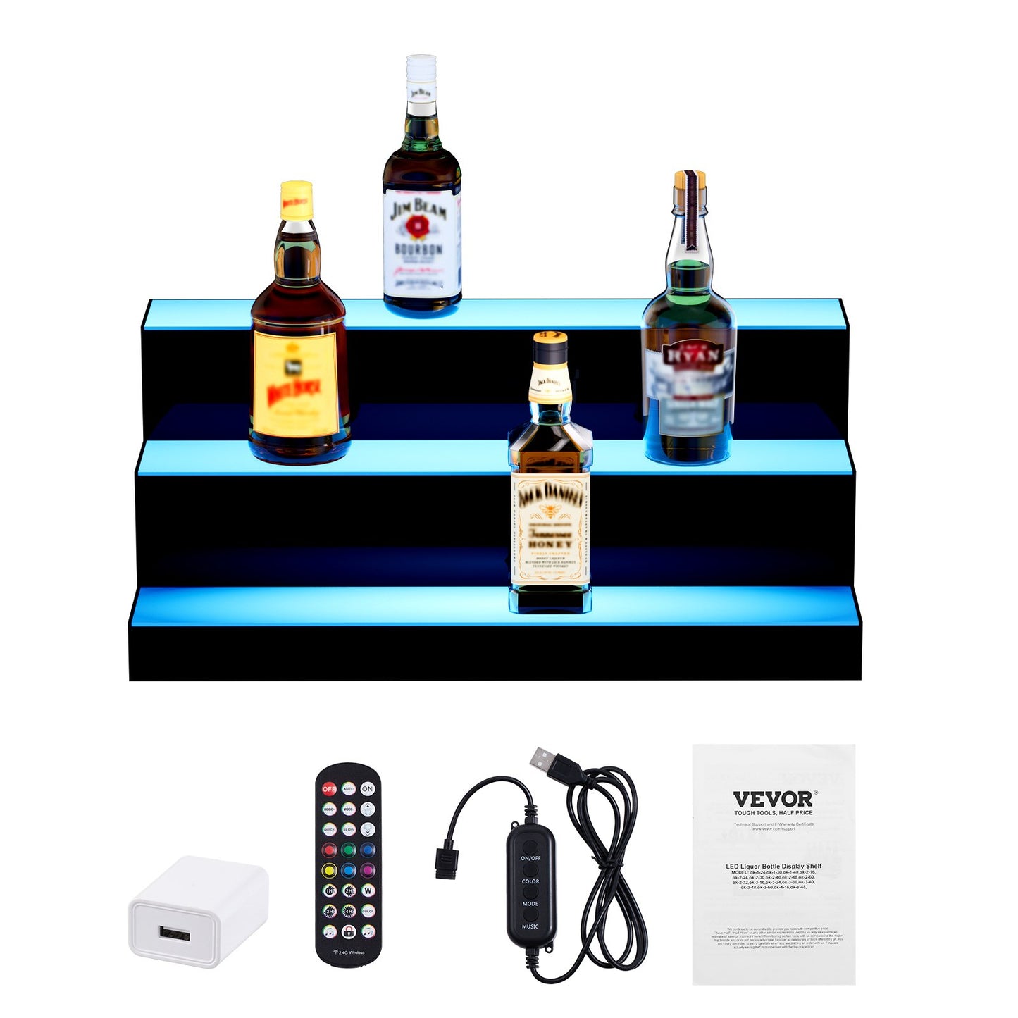 LED Lighted Liquor Bottle Display, 3 Tiers 24 Inch Commercial Illuminated Home Bar Shelf, 3 Steps Whiskey Rack Stand, Acrylic Drink Shelves with RF Remote & App Control, and Multicolor lighting