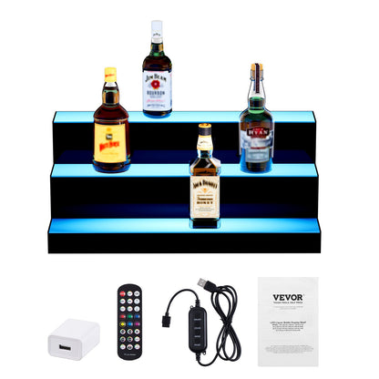 LED Lighted Liquor Bottle Display, 3 Tiers 24 Inch Commercial Illuminated Home Bar Shelf, 3 Steps Whiskey Rack Stand, Acrylic Drink Shelves with RF Remote & App Control, and Multicolor lighting