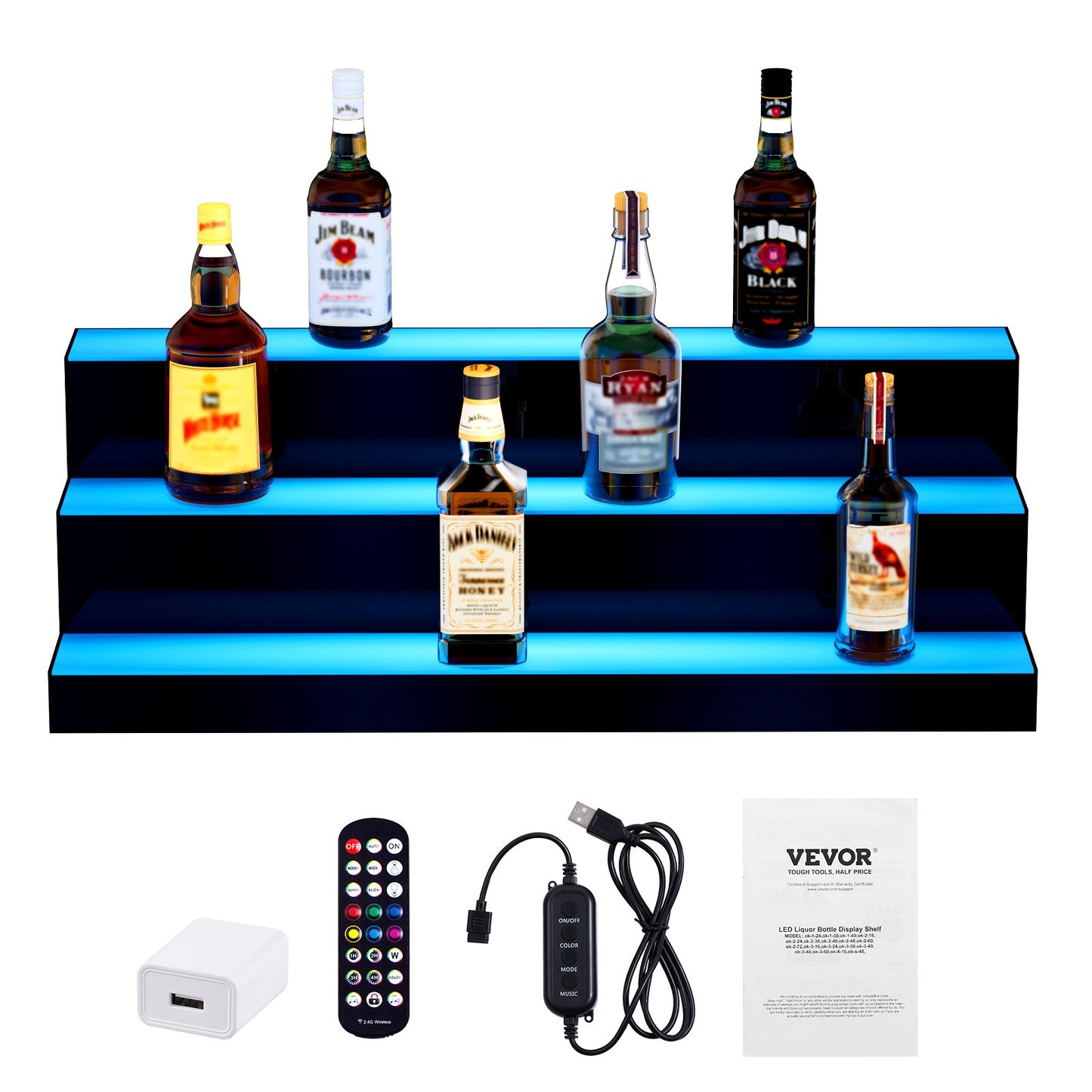 LED Lighted Liquor Bottle Display, 3 Tiers 30 Inch Commercial Illuminated Home Bar Shelf, 3 Steps Whiskey Rack Stand, Acrylic Drink Shelves with RF Remote & App Control, and Multicolor lighting
