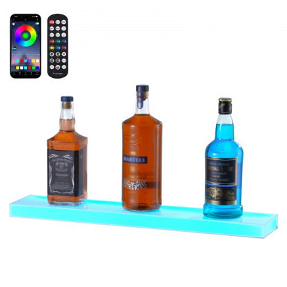 LED Lighted Liquor Bottle Display, 1 Tier 24 Inch Wall Mounted Whiskey Rack Stand, 1 Step Commercial Illuminated Home Bar Shelf, Acrylic Drinks lighting Shelves with RF Remote & App Control