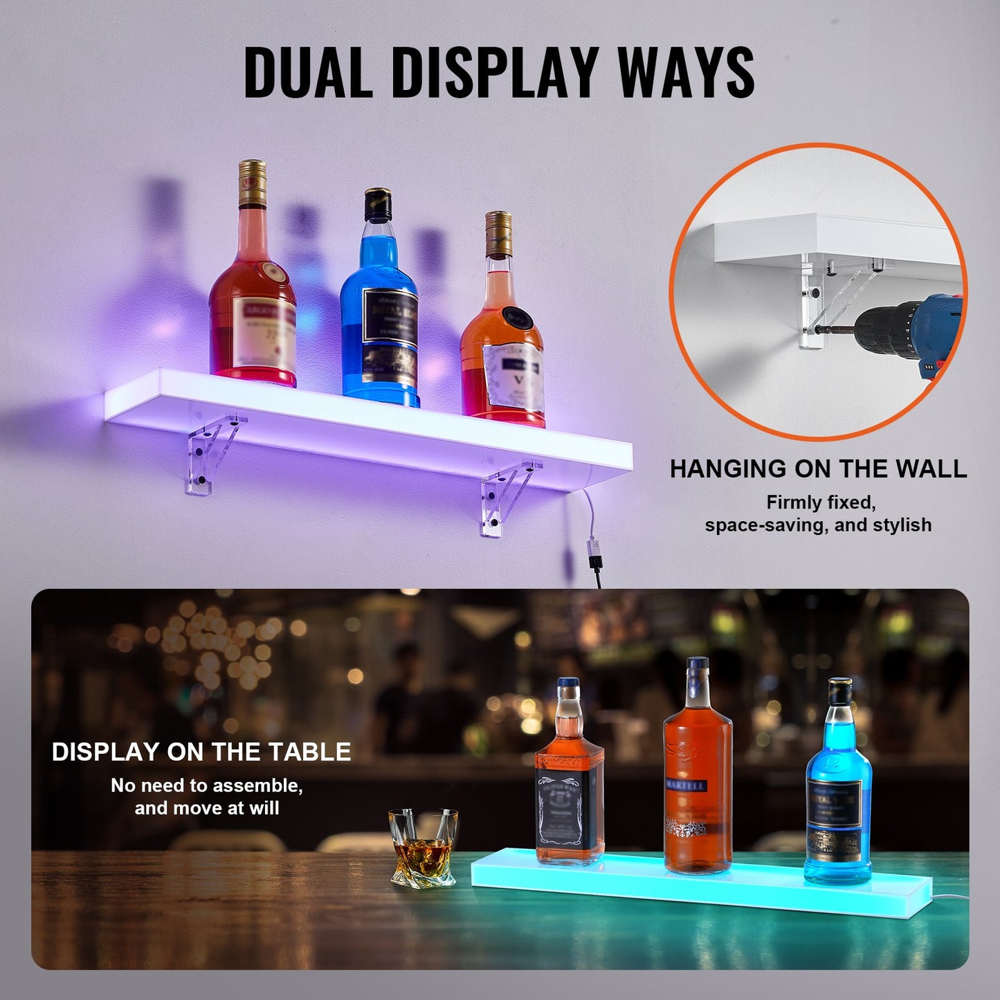 LED Lighted Liquor Bottle Display, 1 Tier 24 Inch Wall Mounted Whiskey Rack Stand, 1 Step Commercial Illuminated Home Bar Shelf, Acrylic Drinks lighting Shelves with RF Remote & App Control
