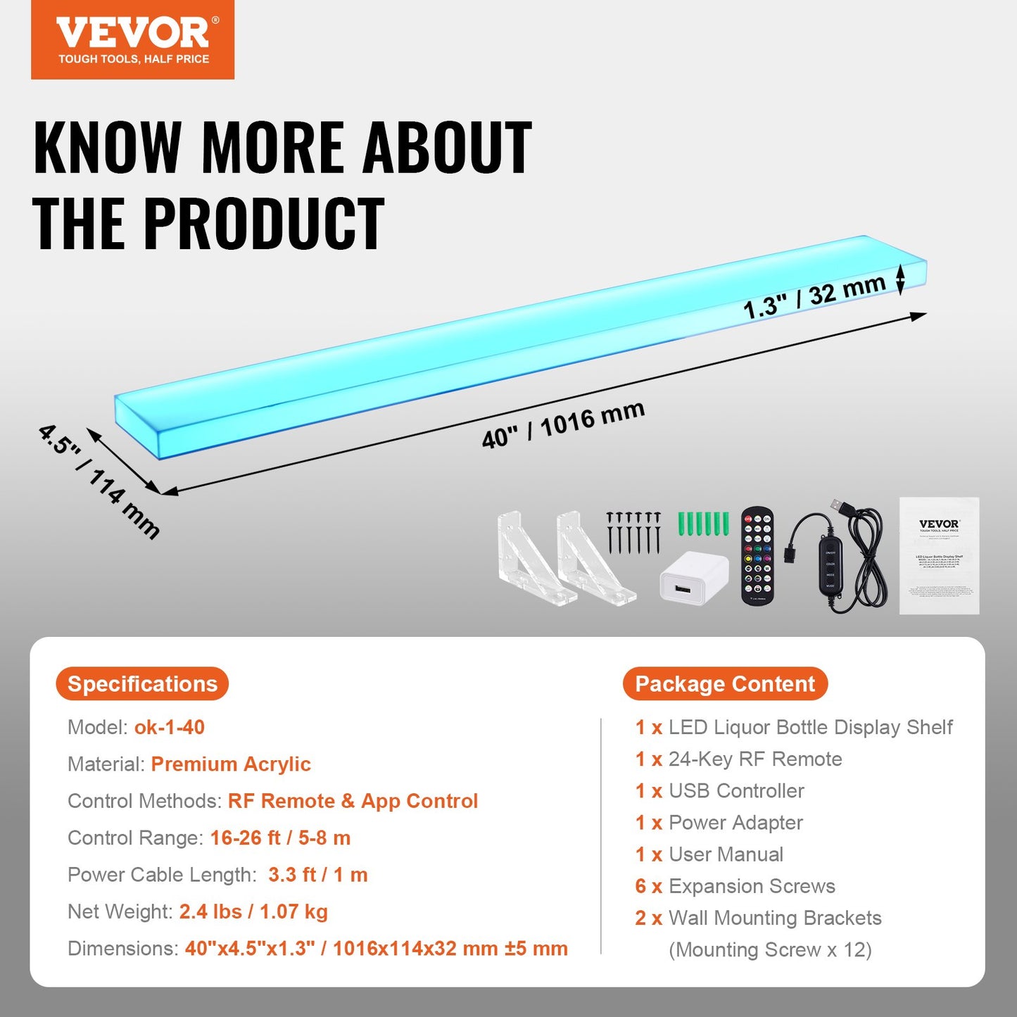 LED Lighted Liquor Bottle Display, 1 Tier 40 Inch Wall Mounted Whiskey Rack Stand, 1 Step Commercial Illuminated Home Bar Shelf, Acrylic Drinks lighting Shelves with RF Remote & App Control