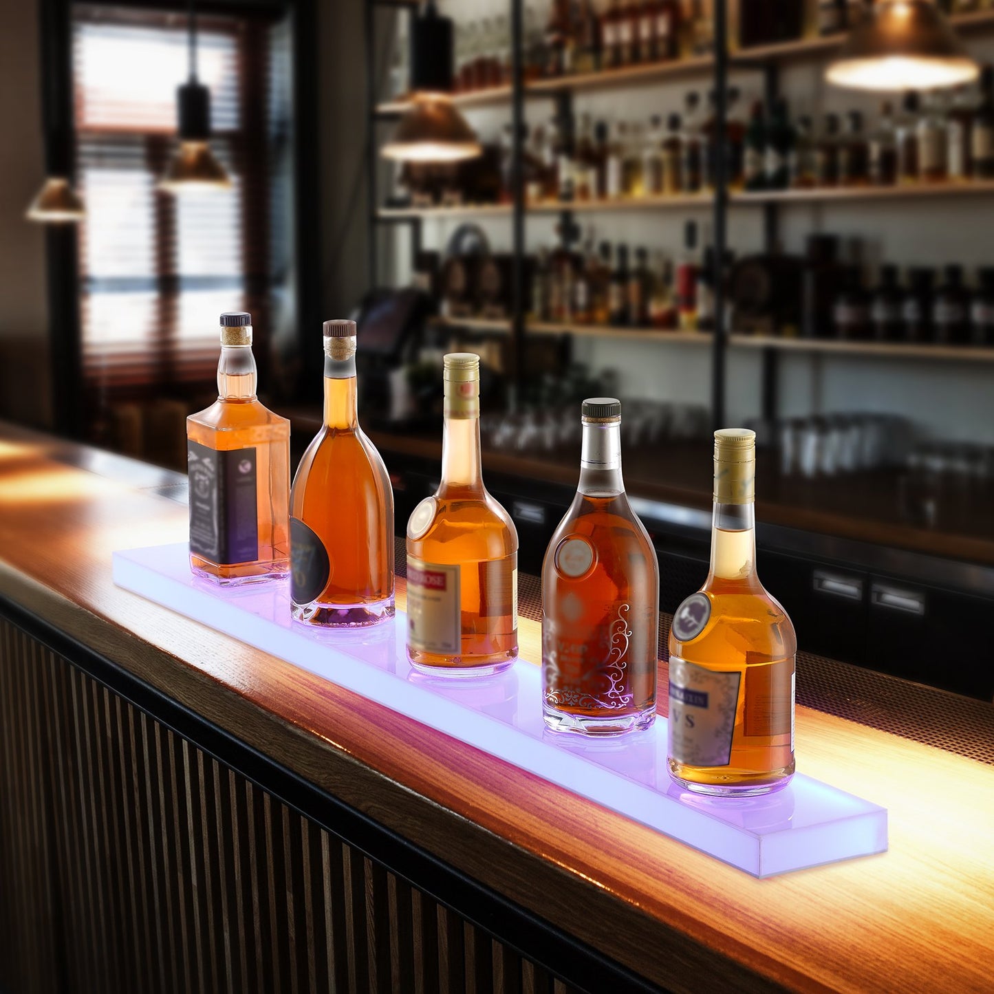 LED Lighted Liquor Bottle Display, 1 Tier 40 Inch Wall Mounted Whiskey Rack Stand, 1 Step Commercial Illuminated Home Bar Shelf, Acrylic Drinks lighting Shelves with RF Remote & App Control