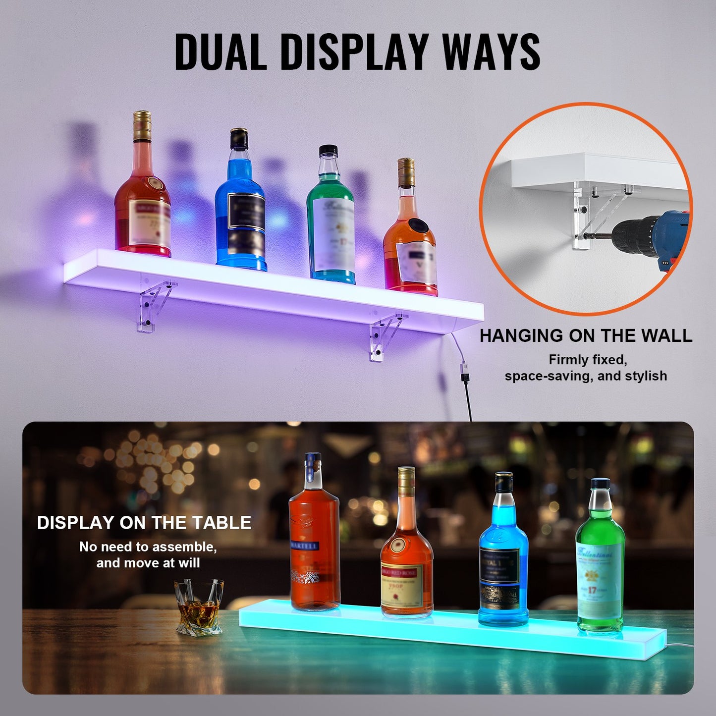 LED Lighted Liquor Bottle Display, 1 Tier 30 Inch Wall Mounted Whiskey Rack Stand, 1 Step Commercial Illuminated Home Bar Shelf, Acrylic Drinks lighting Shelves with RF Remote & App Control