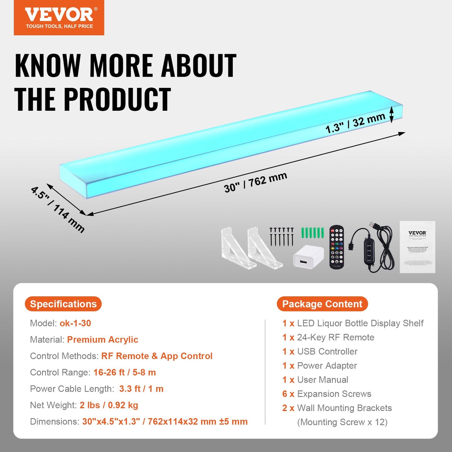 LED Lighted Liquor Bottle Display, 1 Tier 30 Inch Wall Mounted Whiskey Rack Stand, 1 Step Commercial Illuminated Home Bar Shelf, Acrylic Drinks lighting Shelves with RF Remote & App Control