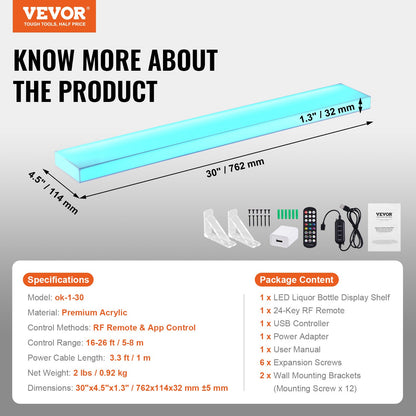 LED Lighted Liquor Bottle Display, 1 Tier 30 Inch Wall Mounted Whiskey Rack Stand, 1 Step Commercial Illuminated Home Bar Shelf, Acrylic Drinks lighting Shelves with RF Remote & App Control