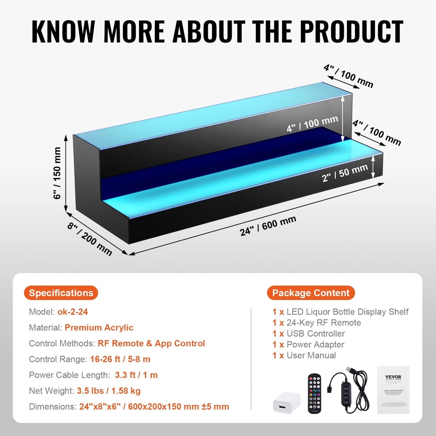 LED Lighted Liquor Bottle Display, 2 Tiers 24 Inch Commercial Illuminated Home Bar Shelf, 2 Steps Whiskey Rack Stand, Acrylic Drink Shelves with RF Remote & App Control, and Multicolor lighting