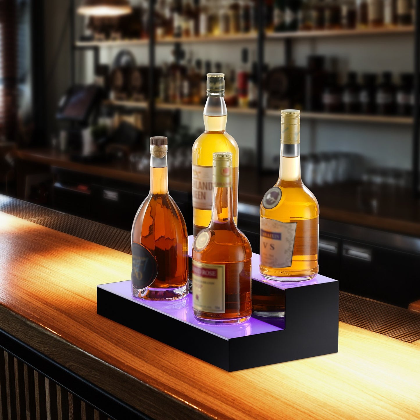 LED Lighted Liquor Bottle Display, 2 Tiers 16 Inch Commercial Illuminated Home Bar Shelf, 2 Steps Whiskey Rack Stand, Acrylic Drink Shelves with RF Remote & App Control, and Multicolor lighting