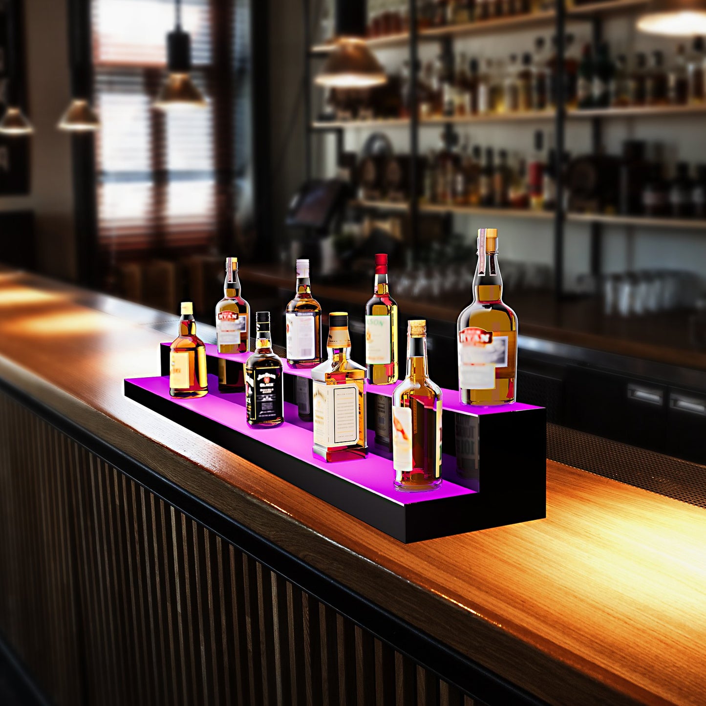 LED Lighted Liquor Bottle Display, 2 Tiers 72 Inch Commercial Illuminated Home Bar Shelf, 2 Steps Whiskey Rack Stand, Acrylic Drink Shelves with RF Remote & App Control, and Multicolor lighting