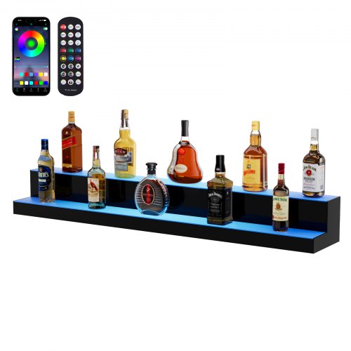 LED Lighted Liquor Bottle Display, 2 Tiers 48 Inch Commercial Illuminated Home Bar Shelf, 2 Steps Whiskey Rack Stand, Acrylic Drink Shelves with RF Remote & App Control, and Multicolor lighting