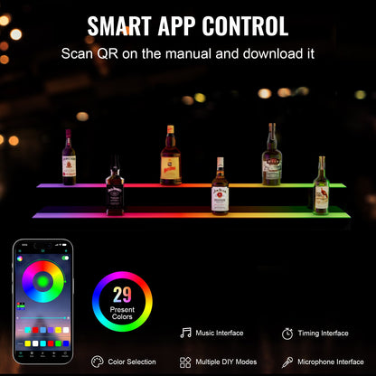 LED Lighted Liquor Bottle Display, 2 Tiers 48 Inch Commercial Illuminated Home Bar Shelf, 2 Steps Whiskey Rack Stand, Acrylic Drink Shelves with RF Remote & App Control, and Multicolor lighting