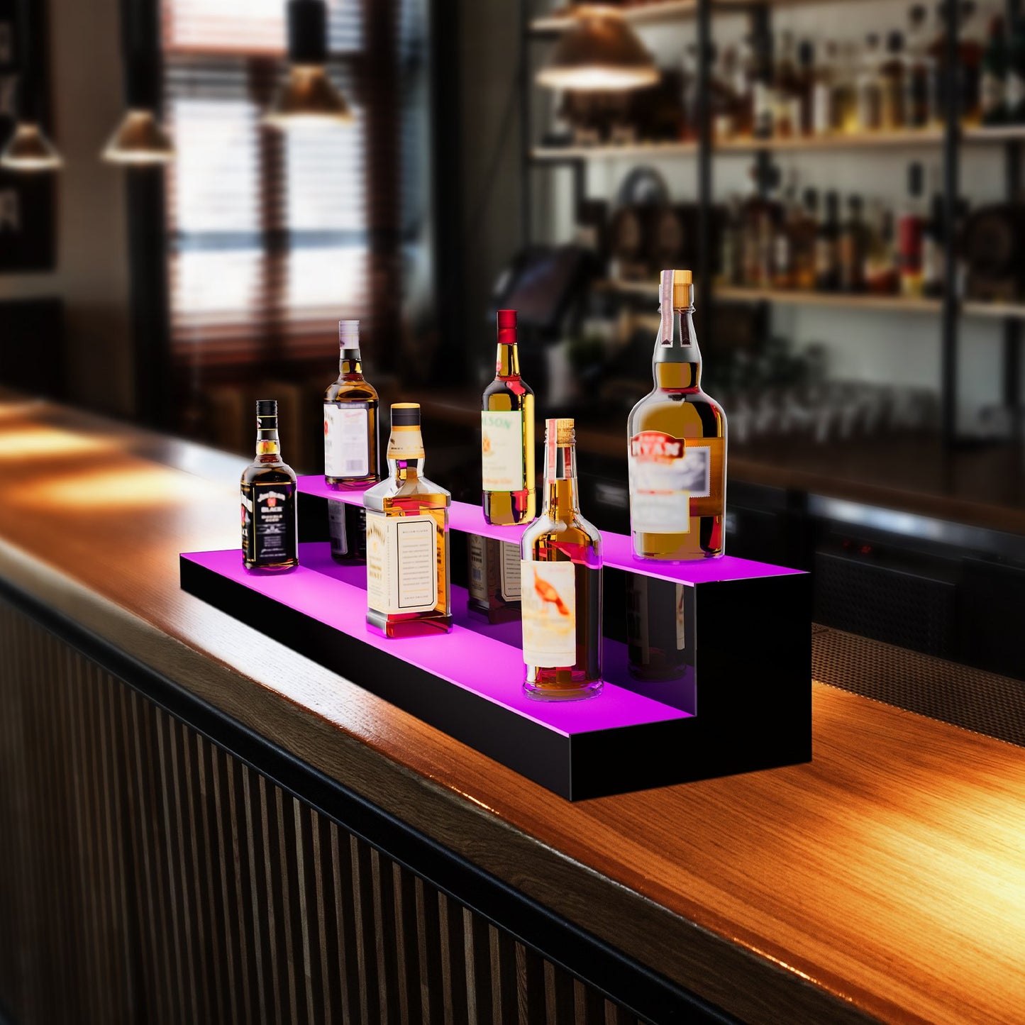 LED Lighted Liquor Bottle Display, 2 Tiers 48 Inch Commercial Illuminated Home Bar Shelf, 2 Steps Whiskey Rack Stand, Acrylic Drink Shelves with RF Remote & App Control, and Multicolor lighting