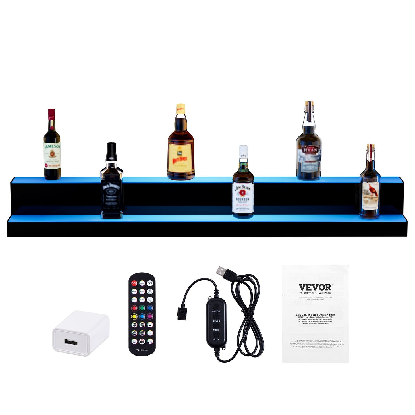 LED Lighted Liquor Bottle Display, 2 Tiers 48 Inch Commercial Illuminated Home Bar Shelf, 2 Steps Whiskey Rack Stand, Acrylic Drink Shelves with RF Remote & App Control, and Multicolor lighting