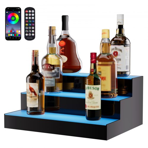 LED Lighted Liquor Bottle Display, 3 Tiers 16 Inch Commercial Illuminated Home Bar Shelf, 3 Steps Whiskey Rack Stand, Acrylic Drink Shelves with RF Remote & App Control, and Multicolor lighting