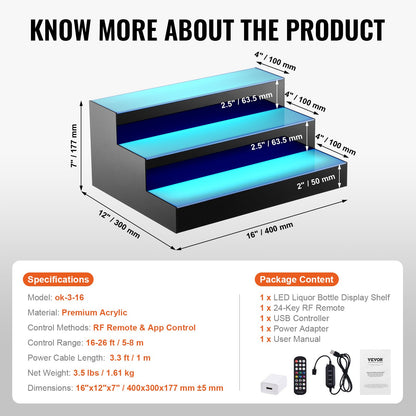 LED Lighted Liquor Bottle Display, 3 Tiers 16 Inch Commercial Illuminated Home Bar Shelf, 3 Steps Whiskey Rack Stand, Acrylic Drink Shelves with RF Remote & App Control, and Multicolor lighting
