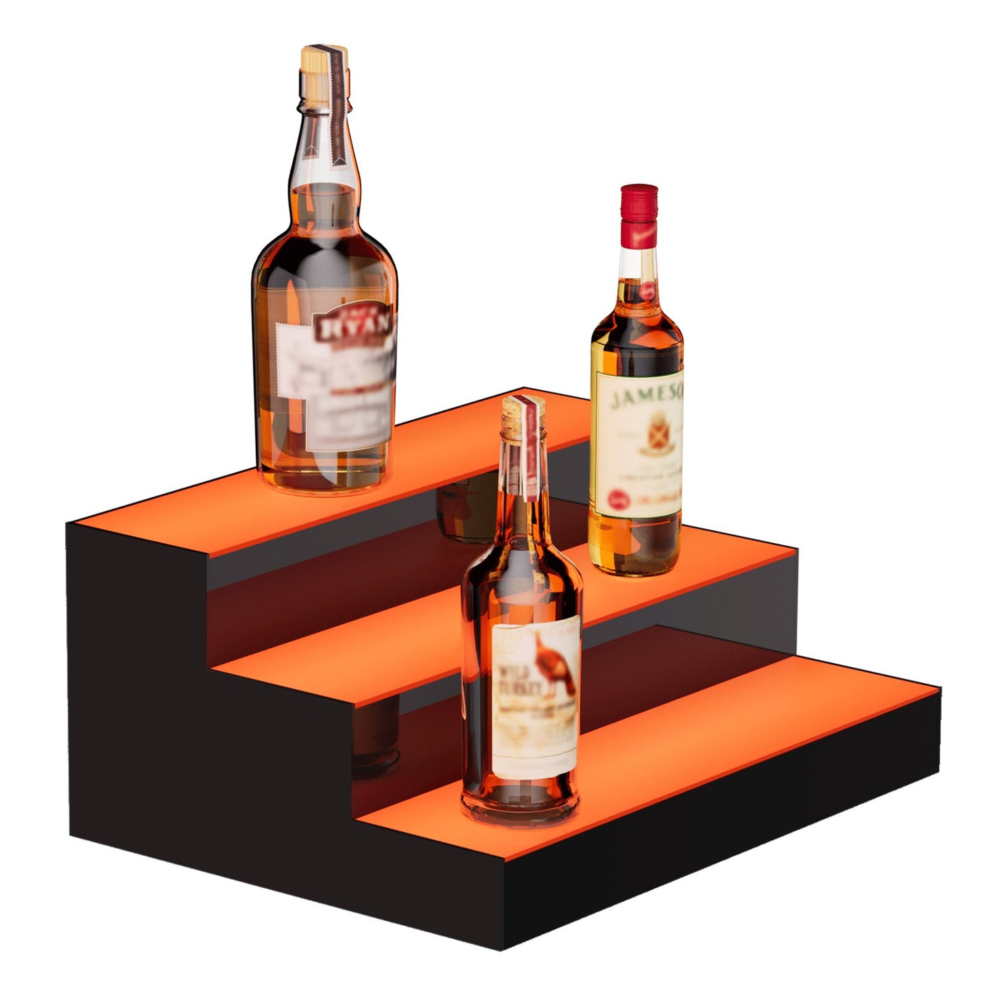 LED Lighted Liquor Bottle Display, 3 Tiers 16 Inch Commercial Illuminated Home Bar Shelf, 3 Steps Whiskey Rack Stand, Acrylic Drink Shelves with RF Remote & App Control, and Multicolor lighting