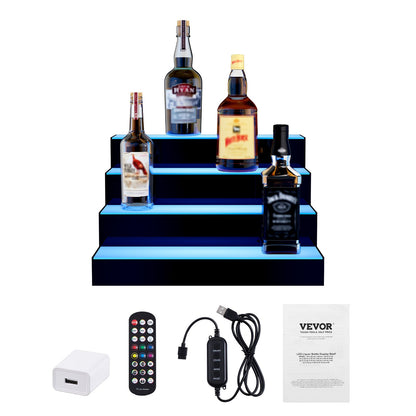 LED Lighted Liquor Bottle Display, 4 Tiers 16 Inch Commercial Illuminated Home Bar Shelf, 4 Steps Whiskey Rack Stand, Acrylic Drink Shelves with RF Remote & App Control, and Multicolor lighting