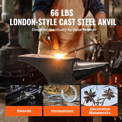 Single Horn Anvil, 29.9 kg Cast Steel Anvil, High Hardness Rugged Round Horn Anvil Blacksmith, Large Countertop and Stable Base, with Round and Square Hole, Metalsmith Tool for Bending and Shaping