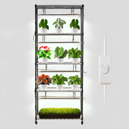 DIY Plant Shelf with Grow Lights, 180cm Tall Indoor Plant Stand with Wheels, 192W 5000K Full Spectrum Grow Lights, Heavy Duty Metal Plants Display Rack, Flower Pot Holder for Seed Starting