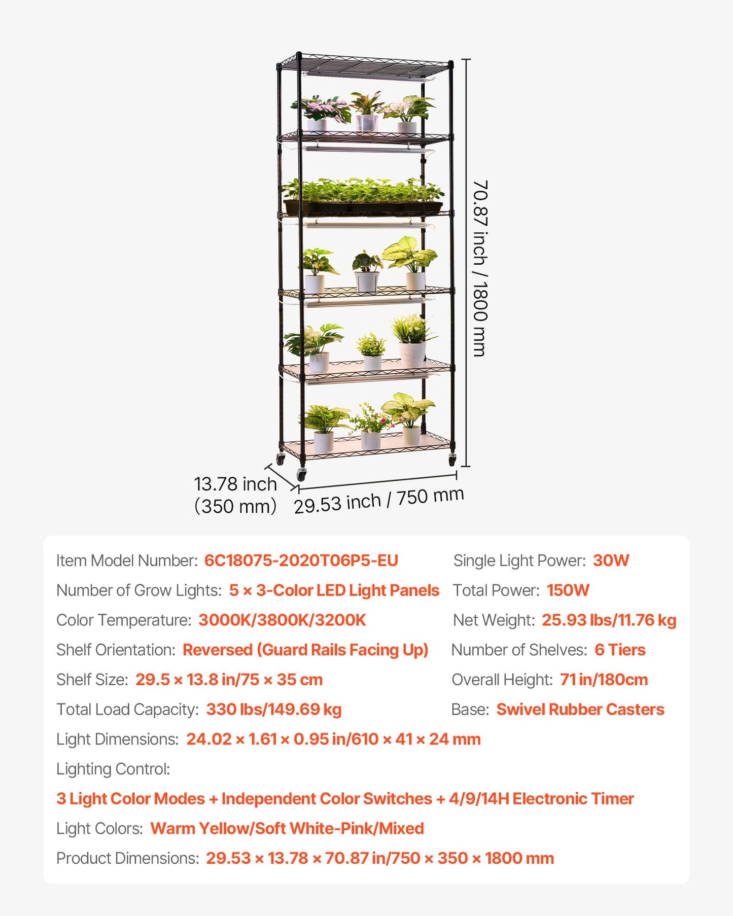 Plant Shelf with Grow Light, 6-Tier Indoor Plant Stand, 180cm Tall Plants Display Rack with Wheels & 4/9/14H Timer, 150W 3-Color Full Spectrum Grow Lights, Flower Pot Holder for Seed Starting