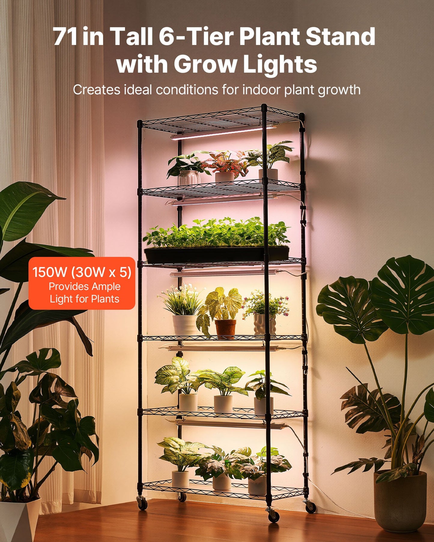 Plant Shelf with Grow Light, 6-Tier Indoor Plant Stand, 180cm Tall Plants Display Rack with Wheels & 4/9/14H Timer, 150W 3-Color Full Spectrum Grow Lights, Flower Pot Holder for Seed Starting
