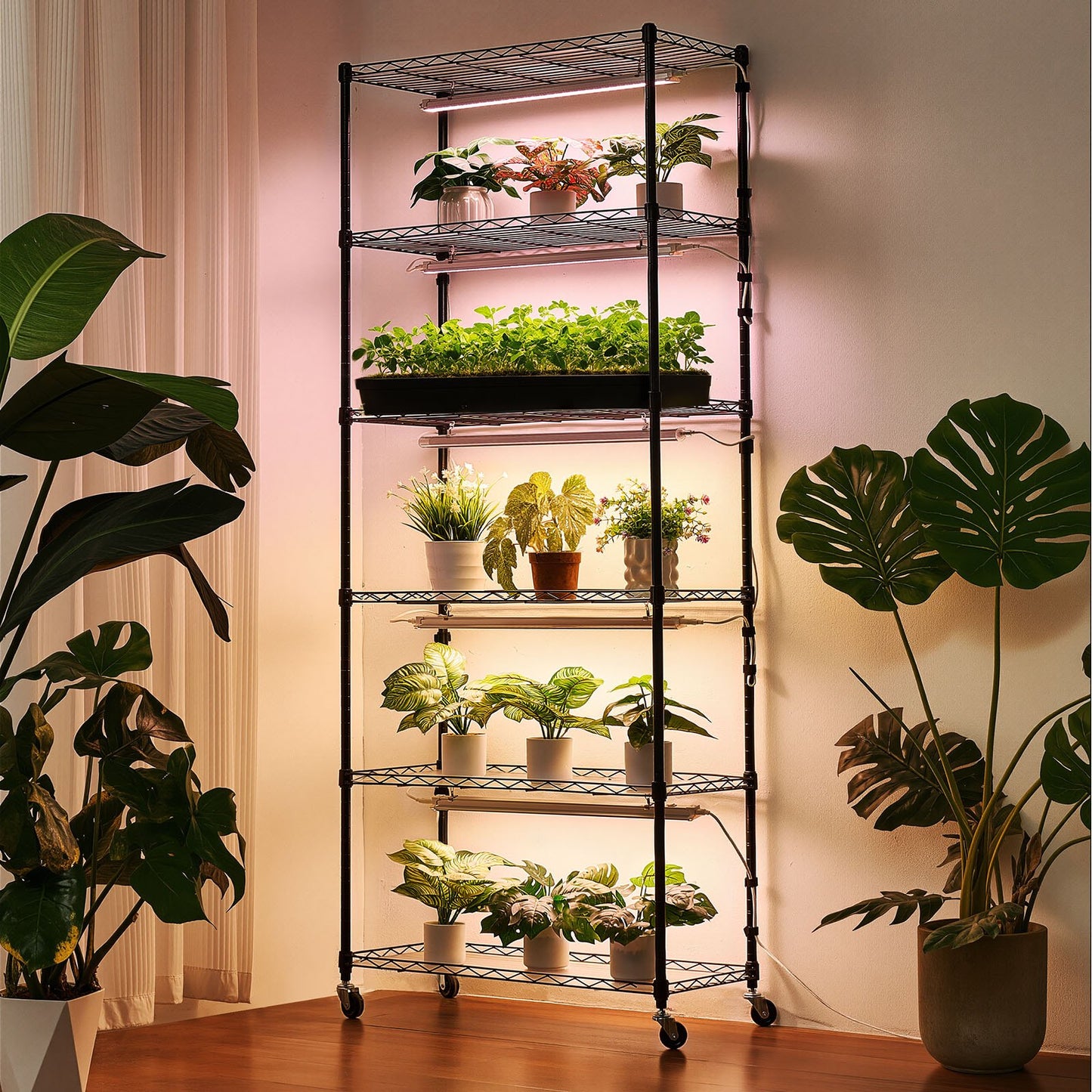 Plant Shelf with Grow Light, 6-Tier Indoor Plant Stand, 180cm Tall Plants Display Rack with Wheels & 4/9/14H Timer, 150W 3-Color Full Spectrum Grow Lights, Flower Pot Holder for Seed Starting