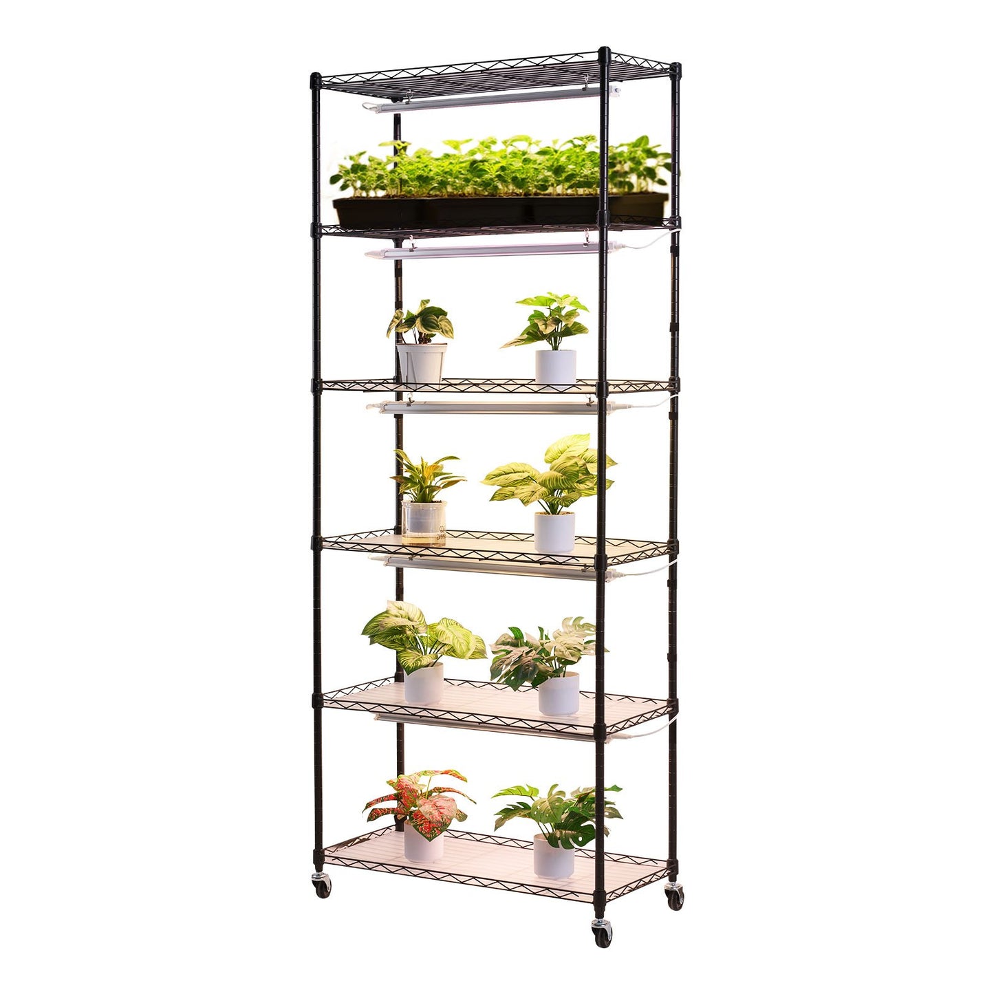 Plant Shelf with Grow Light, 6-Tier Indoor Plant Stand, 180cm Tall Plants Display Rack with Wheels & 4/9/14H Timer, 150W 3-Color Full Spectrum Grow Lights, Flower Pot Holder for Seed Starting