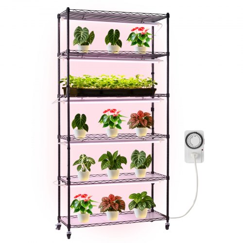 Plant Shelf with Grow Light, 6-Tier Indoor Plant Stand, 180cm Tall Indoor Plants Display Rack with Wheels & Timer, 150W 3800K Full Spectrum Grow Lights, Metal Flower Pot Holder for Seed Starting