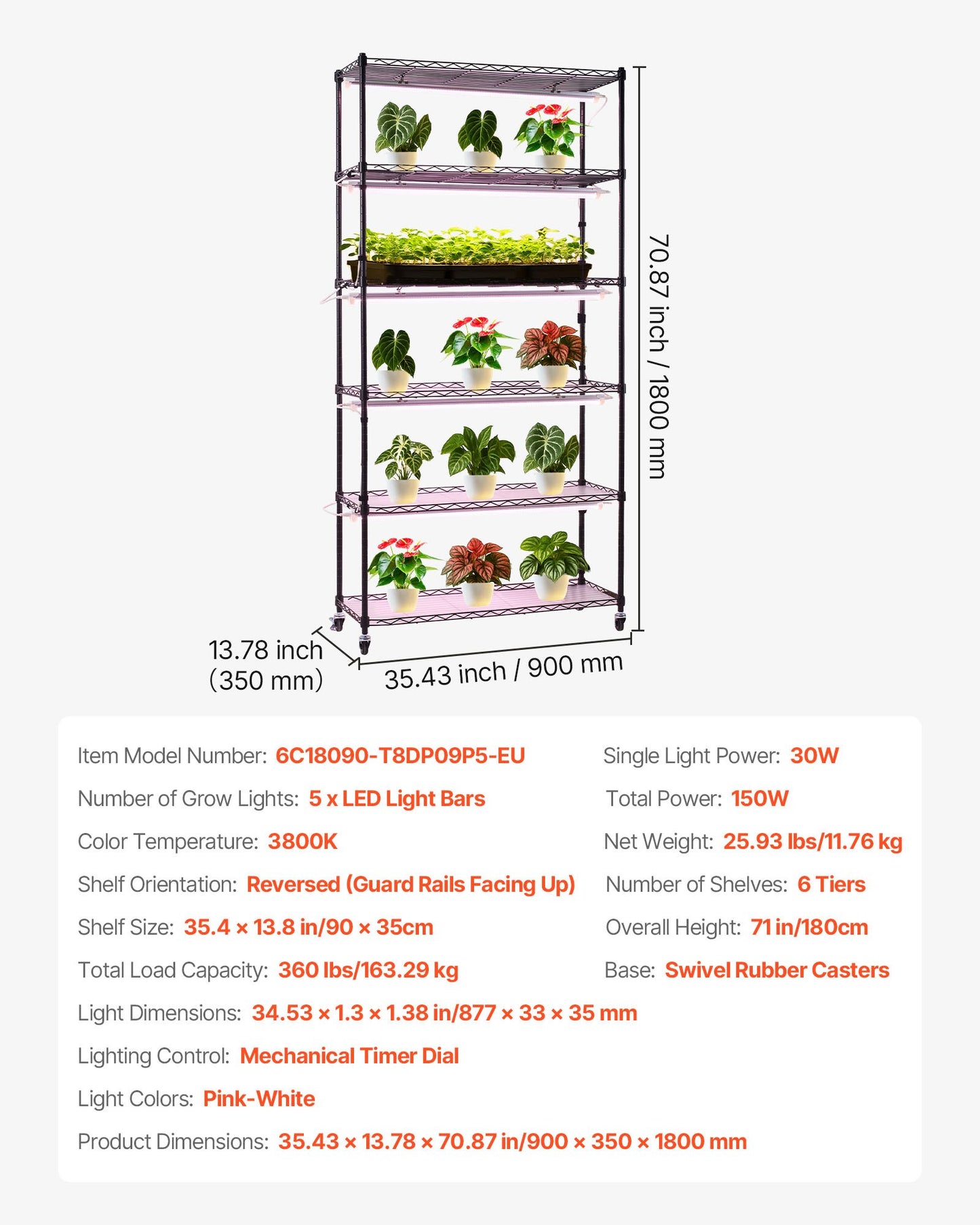 Plant Shelf with Grow Light, 6-Tier Indoor Plant Stand, 180cm Tall Indoor Plants Display Rack with Wheels & Timer, 150W 3800K Full Spectrum Grow Lights, Metal Flower Pot Holder for Seed Starting
