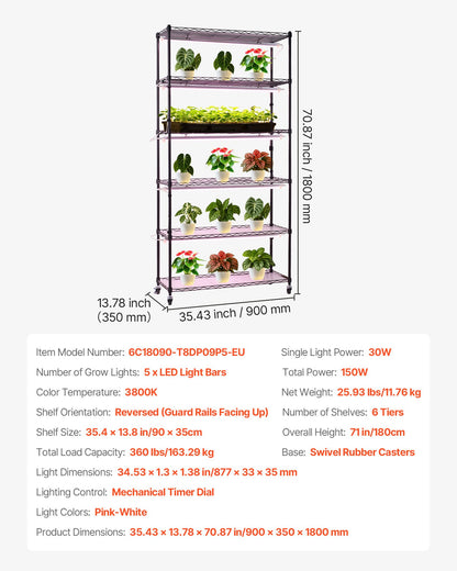 Plant Shelf with Grow Light, 6-Tier Indoor Plant Stand, 180cm Tall Indoor Plants Display Rack with Wheels & Timer, 150W 3800K Full Spectrum Grow Lights, Metal Flower Pot Holder for Seed Starting