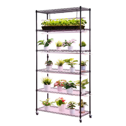 Plant Shelf with Grow Light, 6-Tier Indoor Plant Stand, 180cm Tall Indoor Plants Display Rack with Wheels & Timer, 150W 3800K Full Spectrum Grow Lights, Metal Flower Pot Holder for Seed Starting