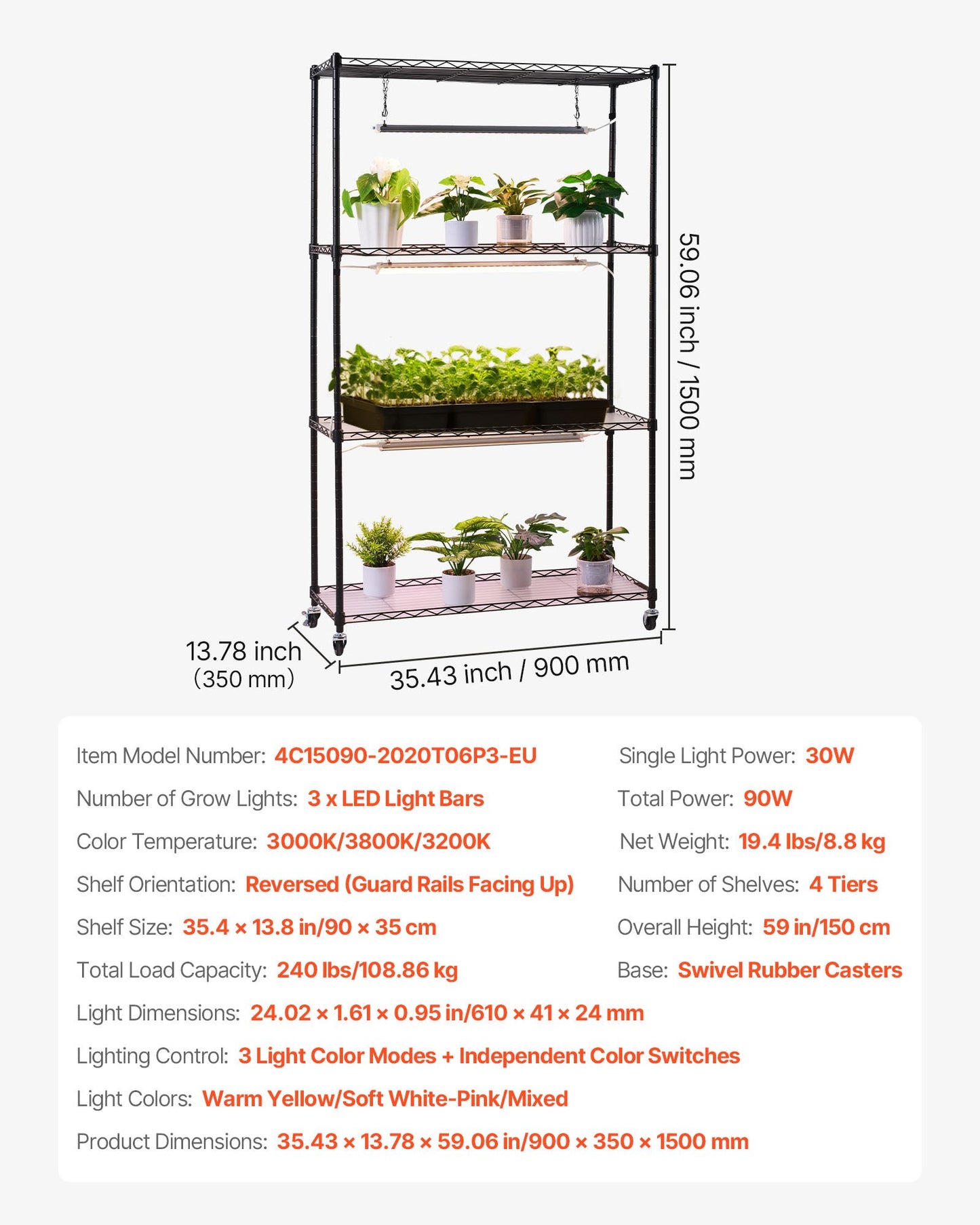 Plant Shelf with Grow Light, 4-Tier Indoor Plant Stand, 150 cm Tall Plants Display Rack with Wheels, 90W 3-Color Full Spectrum Grow Lights, Heavy Duty Metal Flower Pot Holder for Seed Starting