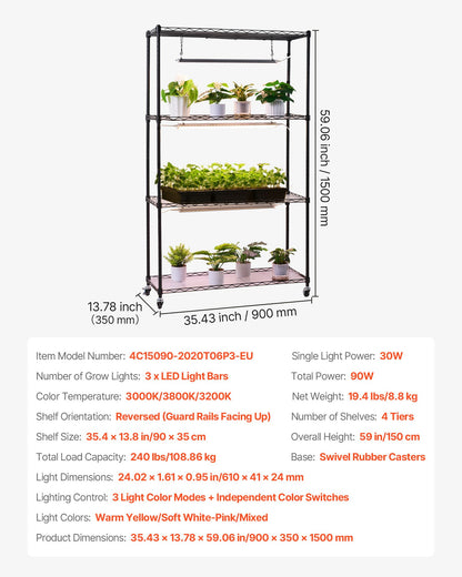 Plant Shelf with Grow Light, 4-Tier Indoor Plant Stand, 150 cm Tall Plants Display Rack with Wheels, 90W 3-Color Full Spectrum Grow Lights, Heavy Duty Metal Flower Pot Holder for Seed Starting