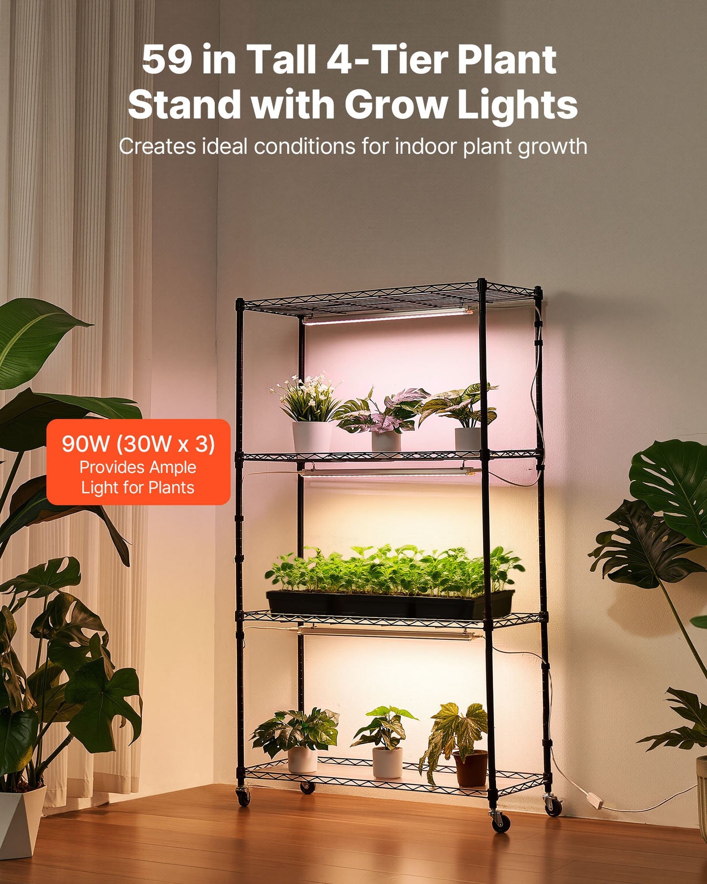 Plant Shelf with Grow Light, 4-Tier Indoor Plant Stand, 150 cm Tall Plants Display Rack with Wheels, 90W 3-Color Full Spectrum Grow Lights, Heavy Duty Metal Flower Pot Holder for Seed Starting