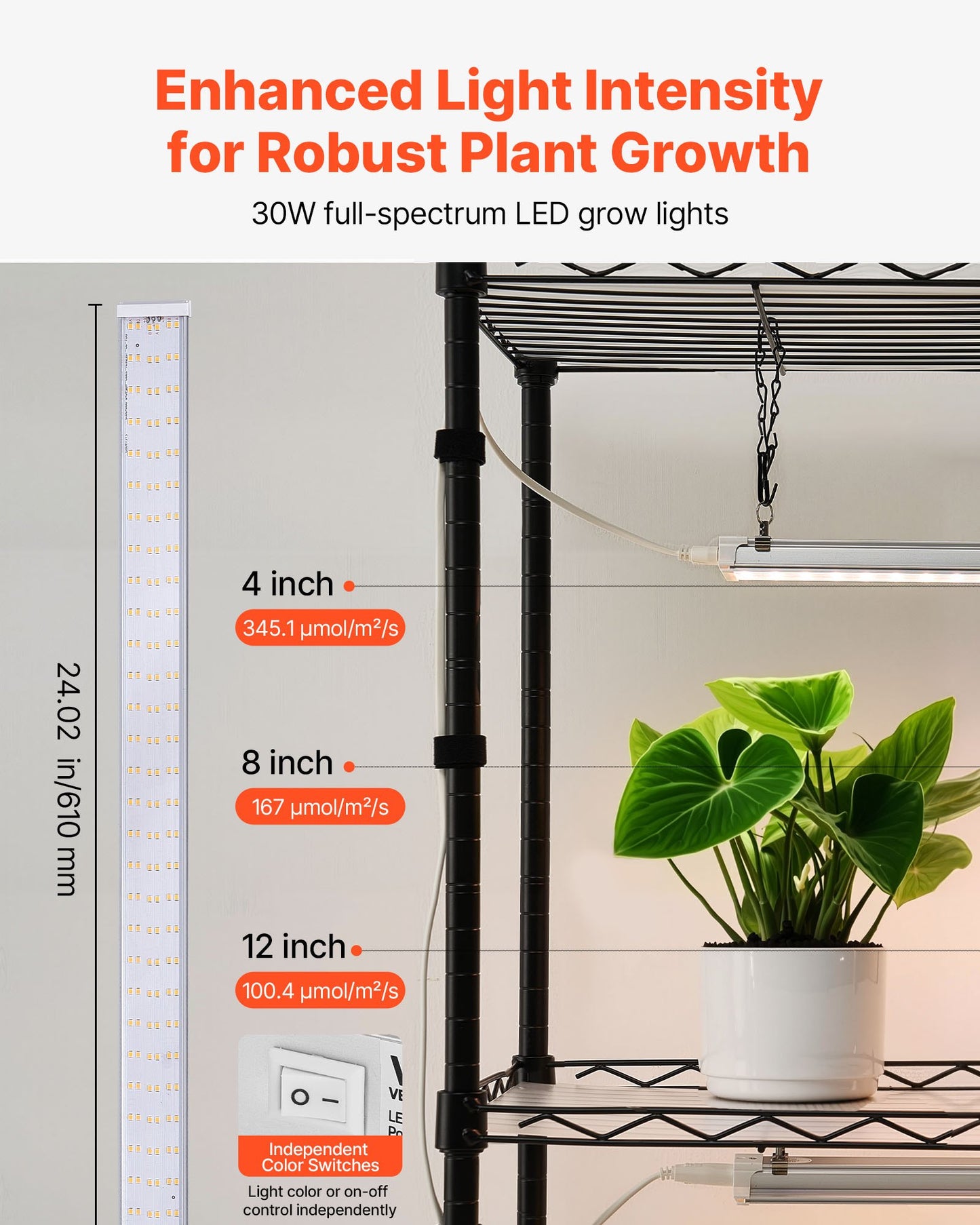 Plant Shelf with Grow Light, 4-Tier Indoor Plant Stand, 150 cm Tall Plants Display Rack with Wheels, 90W 3-Color Full Spectrum Grow Lights, Heavy Duty Metal Flower Pot Holder for Seed Starting